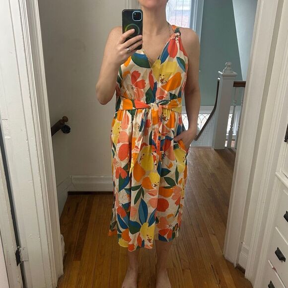 Vince Camuto Floral Midi Sundress Cream Yellow Orange Green Blue Size 14 - Picture 4 of 12